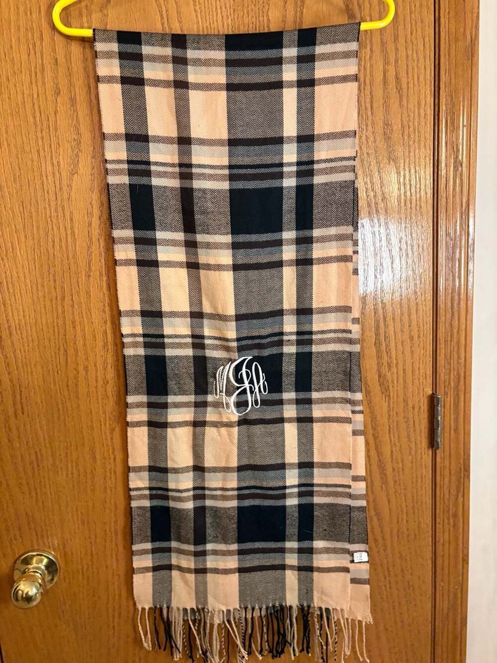 Tan Plaid Monogrammed Scarf With Fringe Polyester